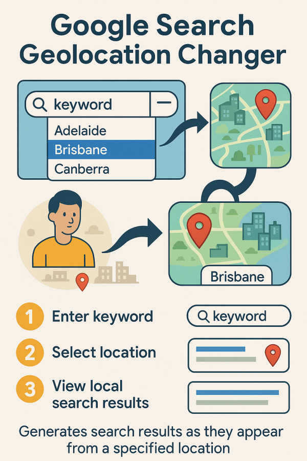 The Google Geolocation Changer lets you select any city and see true local Google results instantly. Google Geolocation Changer search interface showing city selection and keyword input