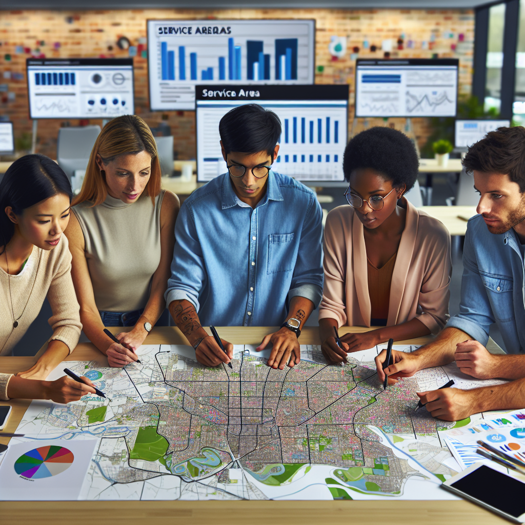 Create an editorial image depicting a digital marketing team brainstorming over a map of Australian suburbs, highlighting service areas