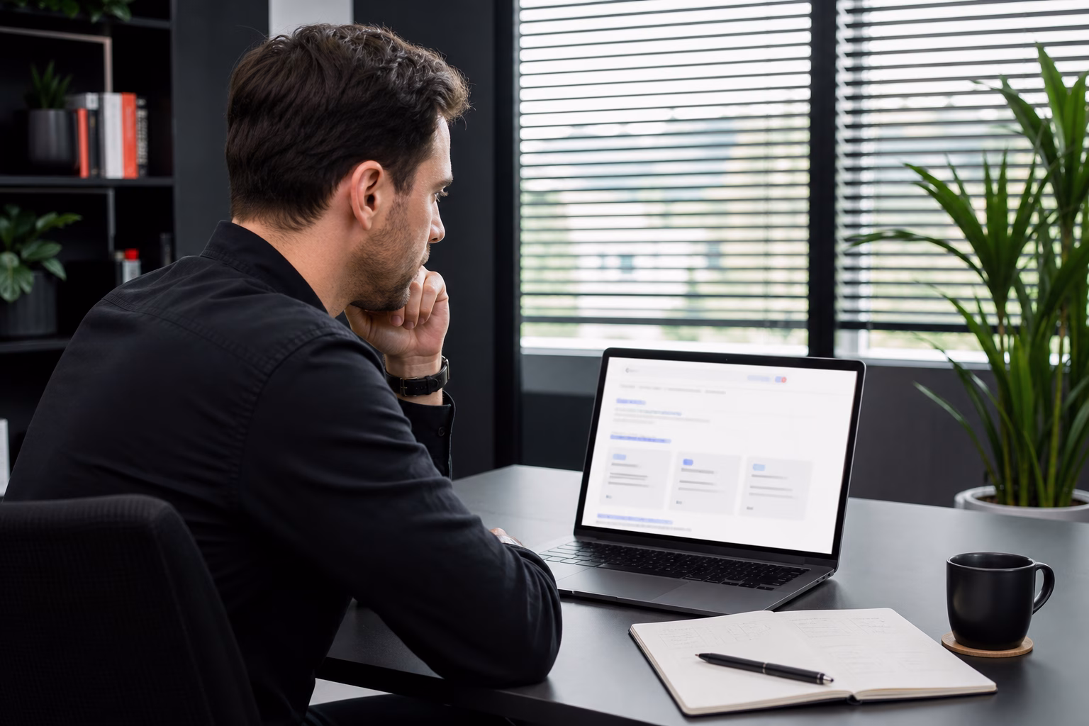Marketing strategist reviewing AI search visibility on a laptop