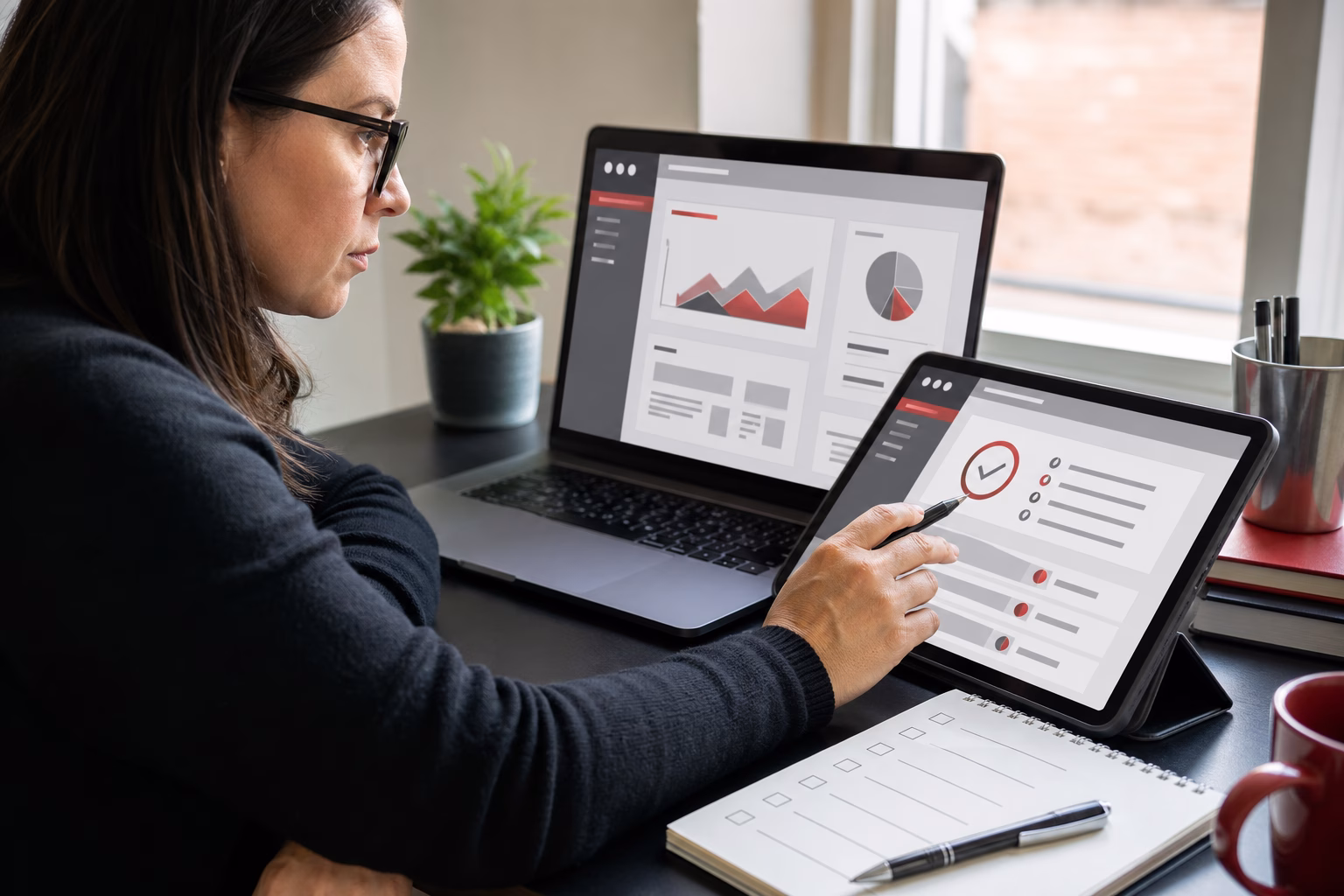 Marketer reviewing website checklist and schema results on devices