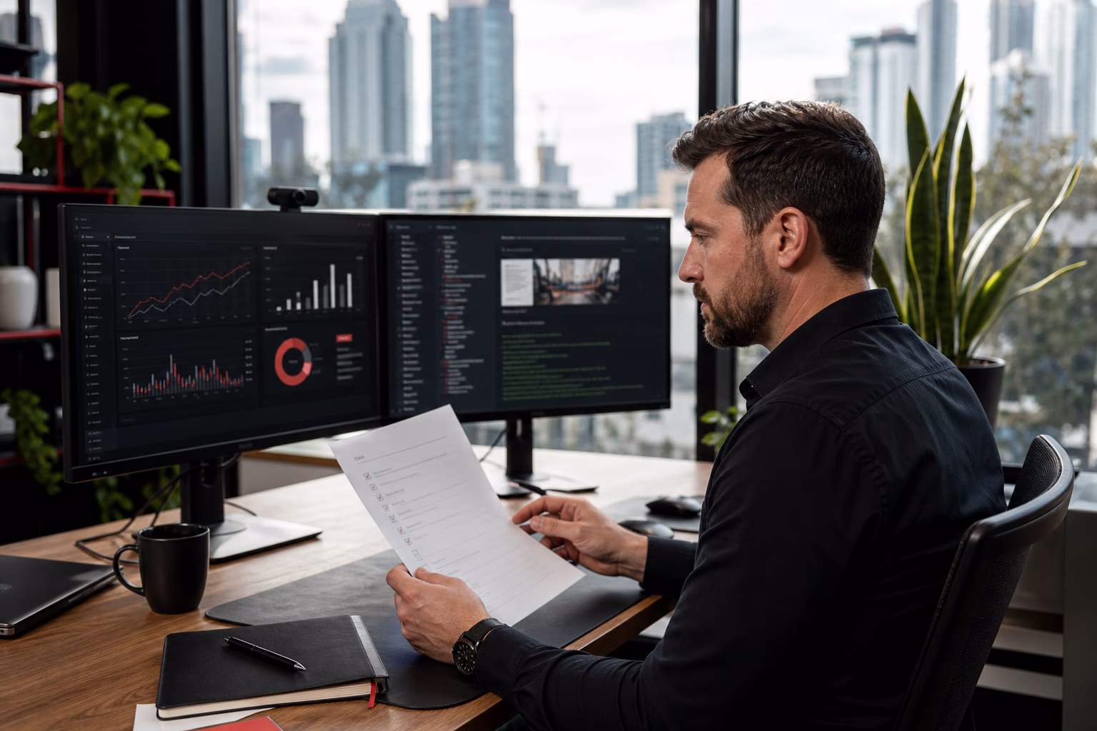 Digital marketing consultant in a modern Brisbane office working on local AEO