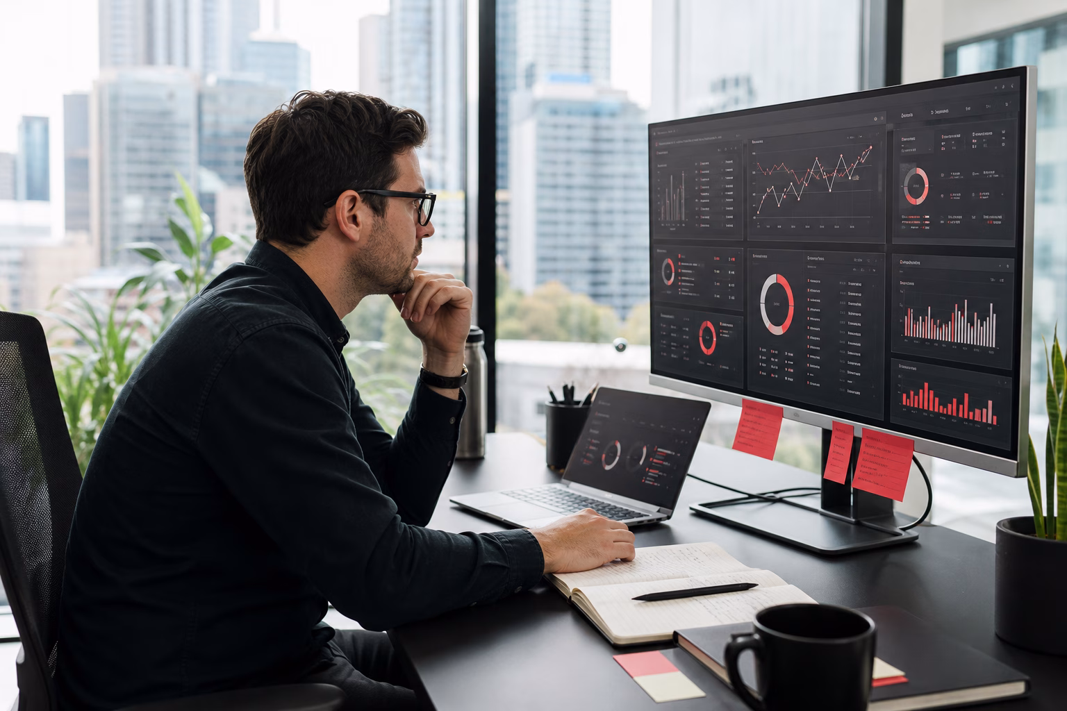Marketing analyst reviewing analytics dashboards in a modern office