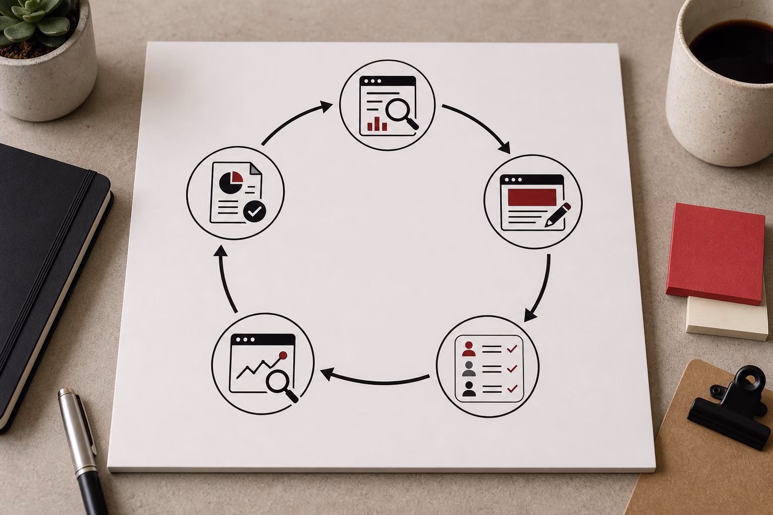 Process diagram showing the continuous loop of auditing and improving AI visibility