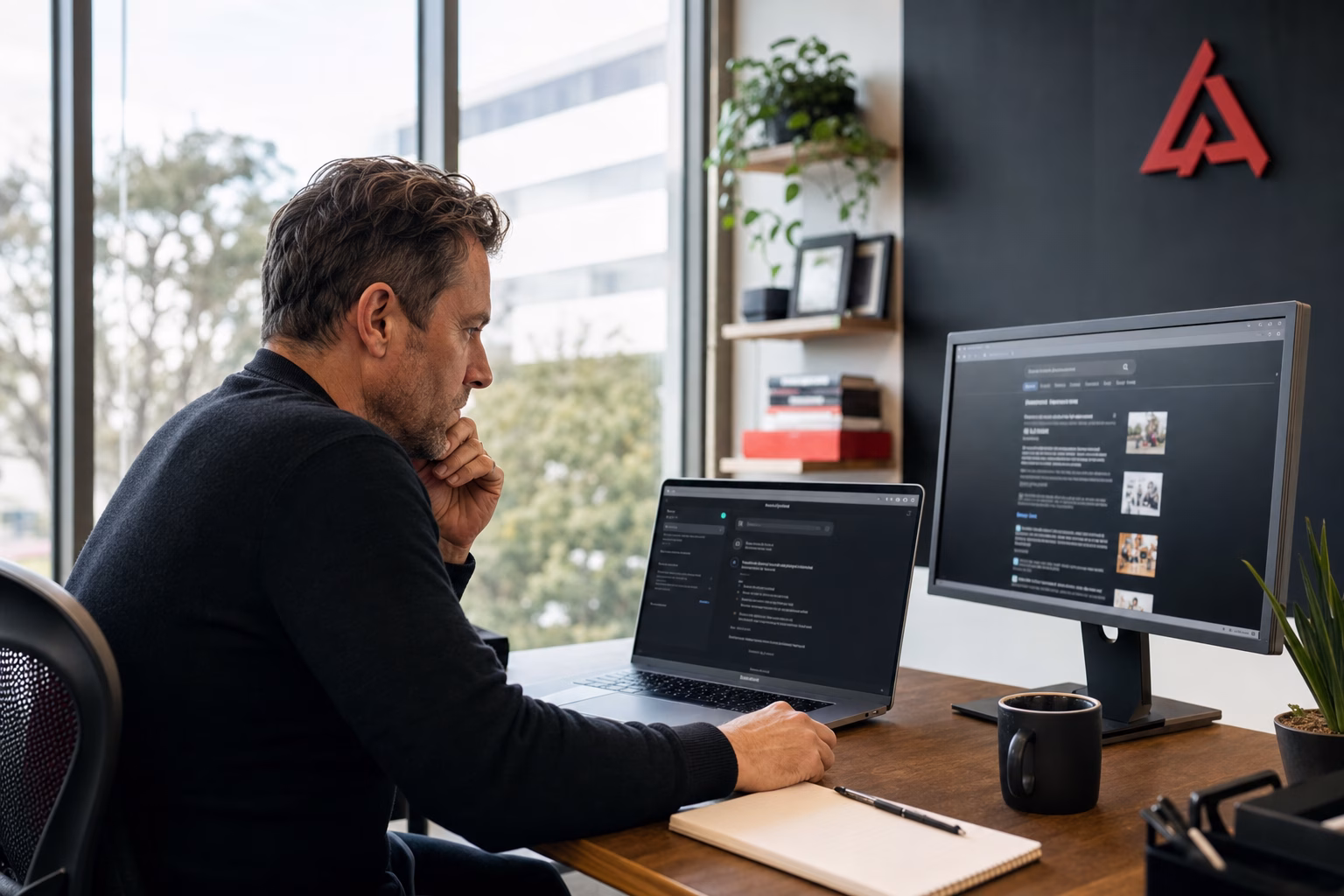 Business owner comparing AI answers and search results on screens