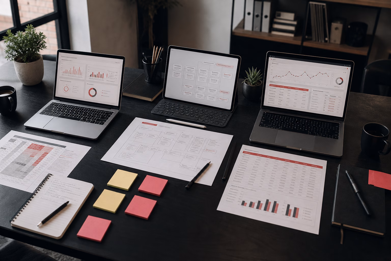 Desk showing planning materials for AI search visibility strategy
