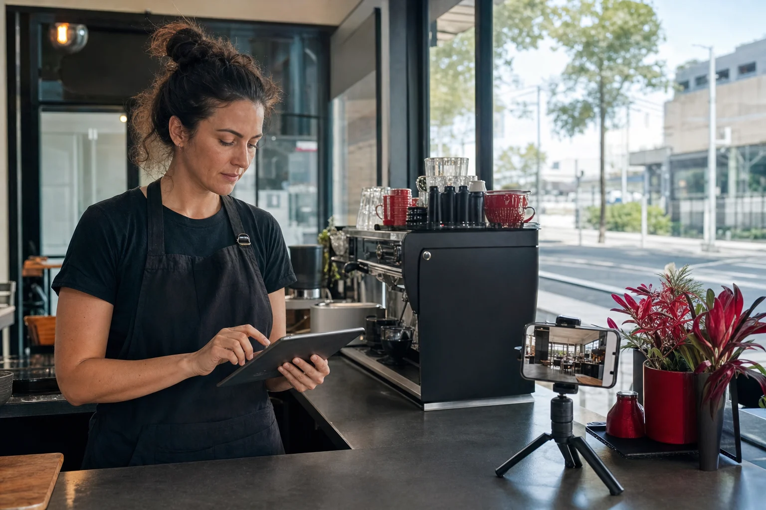 Cafe owner checks a tablet behind a Brisbane counter