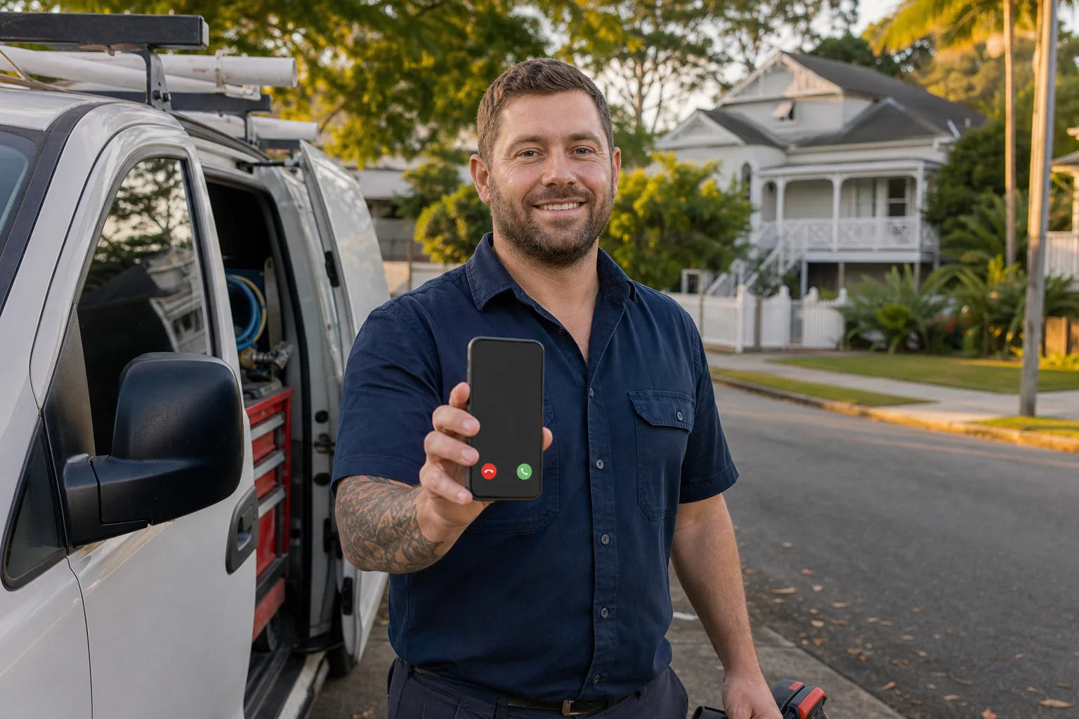 Brisbane tradie receiving a phone call beside his work van