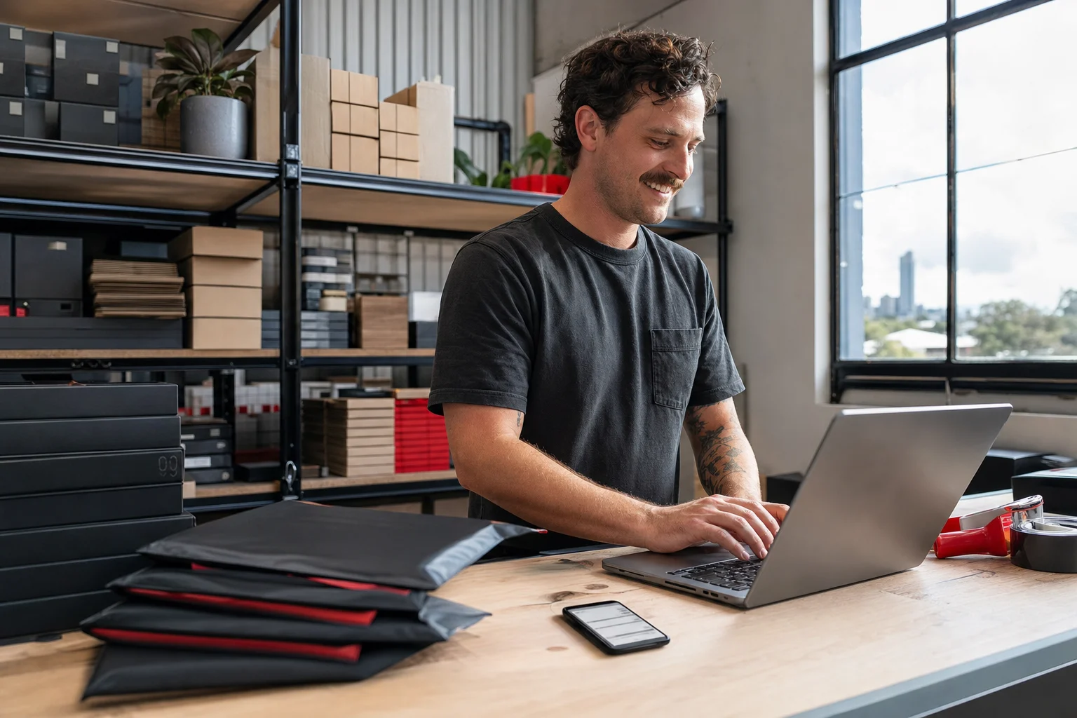 Business owner packing online orders beside a laptop