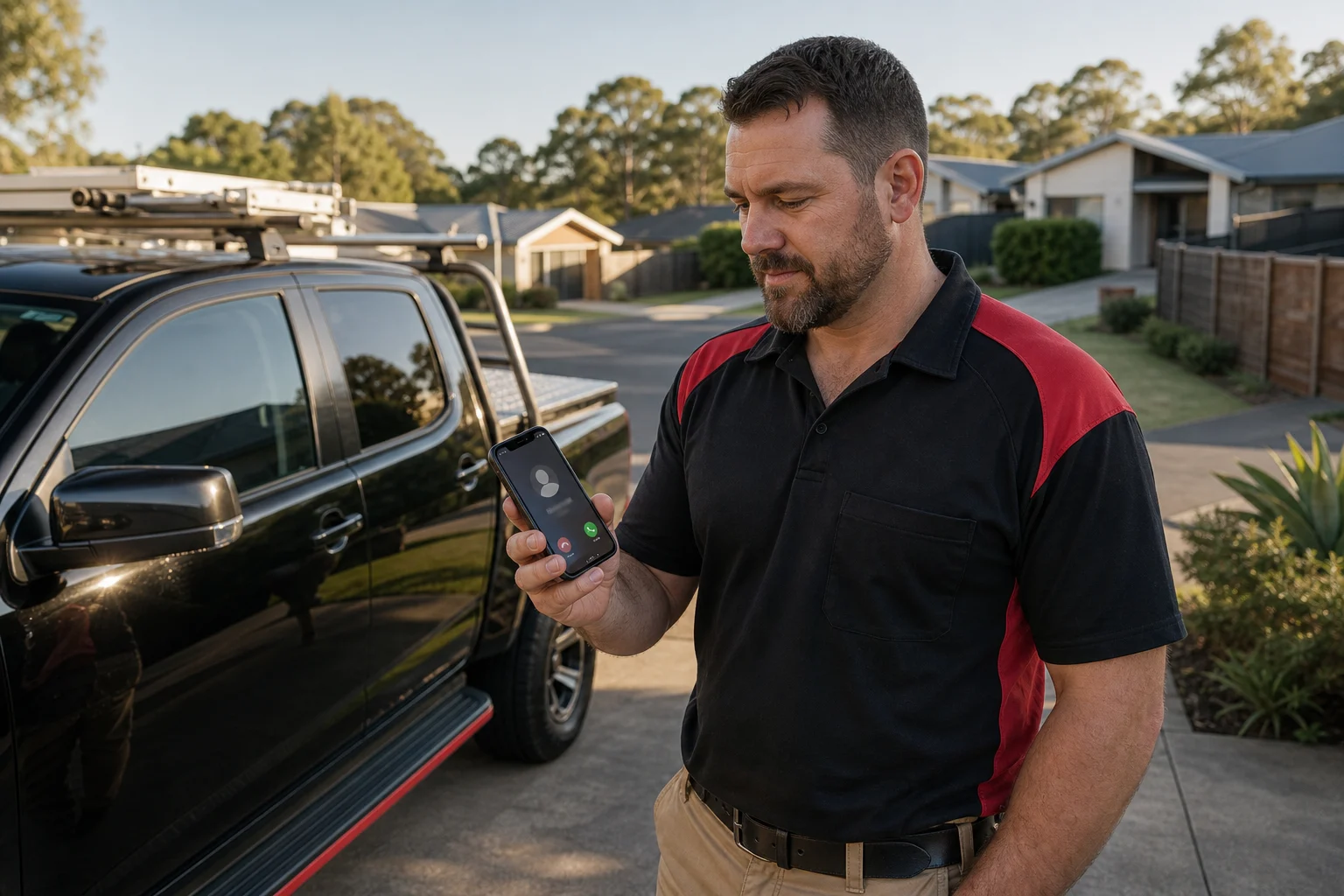 Tradie standing by work ute while checking a phone call