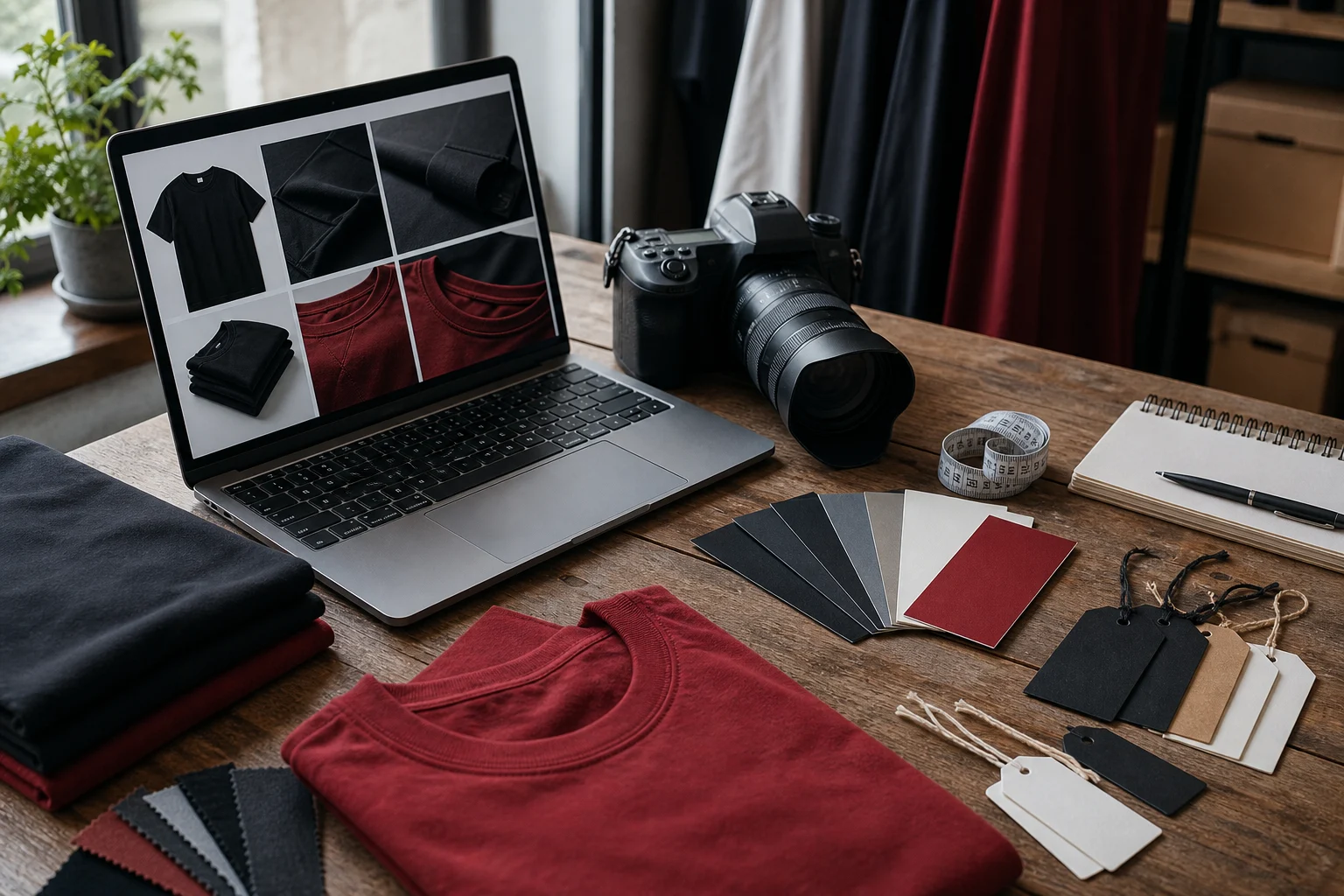 Ecommerce product setup workspace with laptop, camera and catalogue items