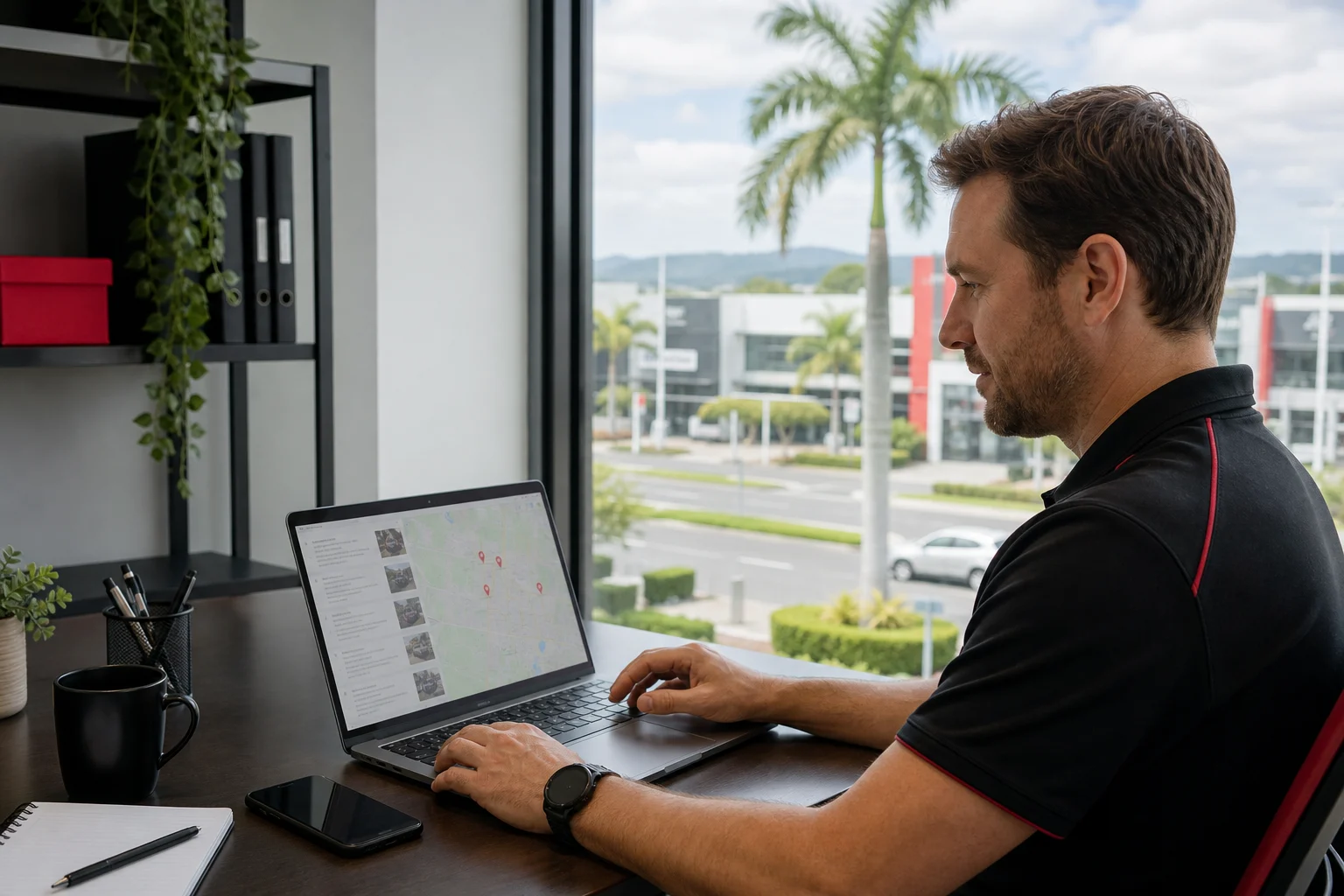 Business owner reviews a local map listing on a laptop