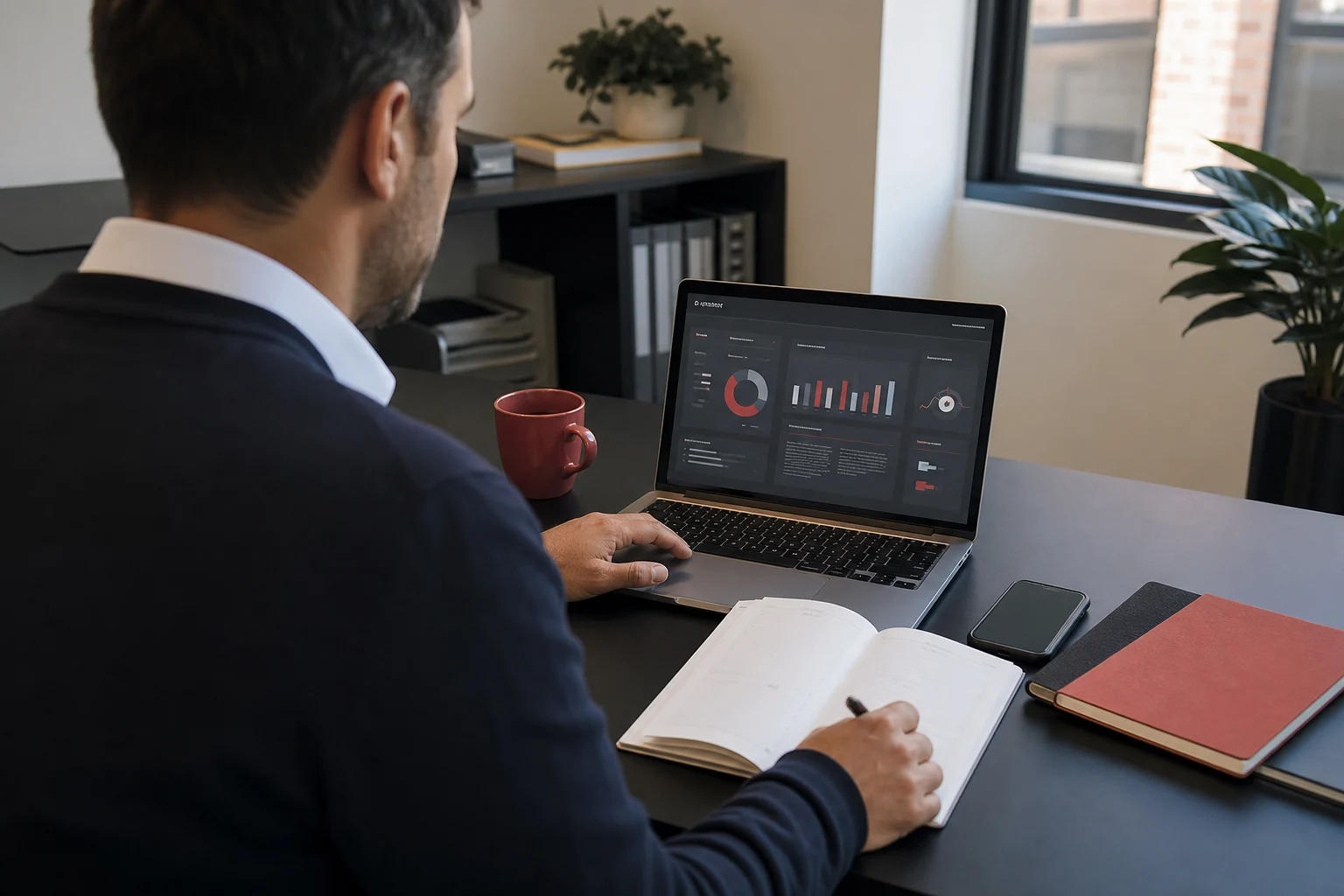Consultant reviews business profile tasks at an office desk