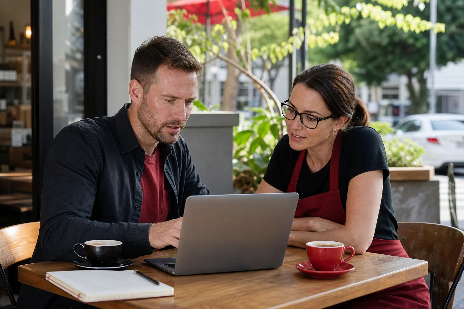 Web developer and Brisbane business owner reviewing an online store together