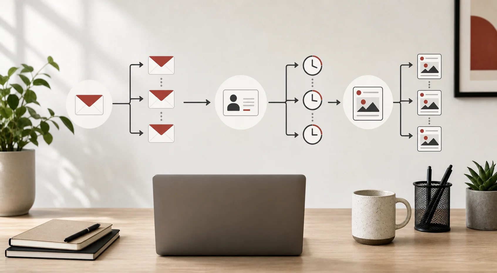 Workflow connects welcome emails, lead follow-ups, and scheduled social posts