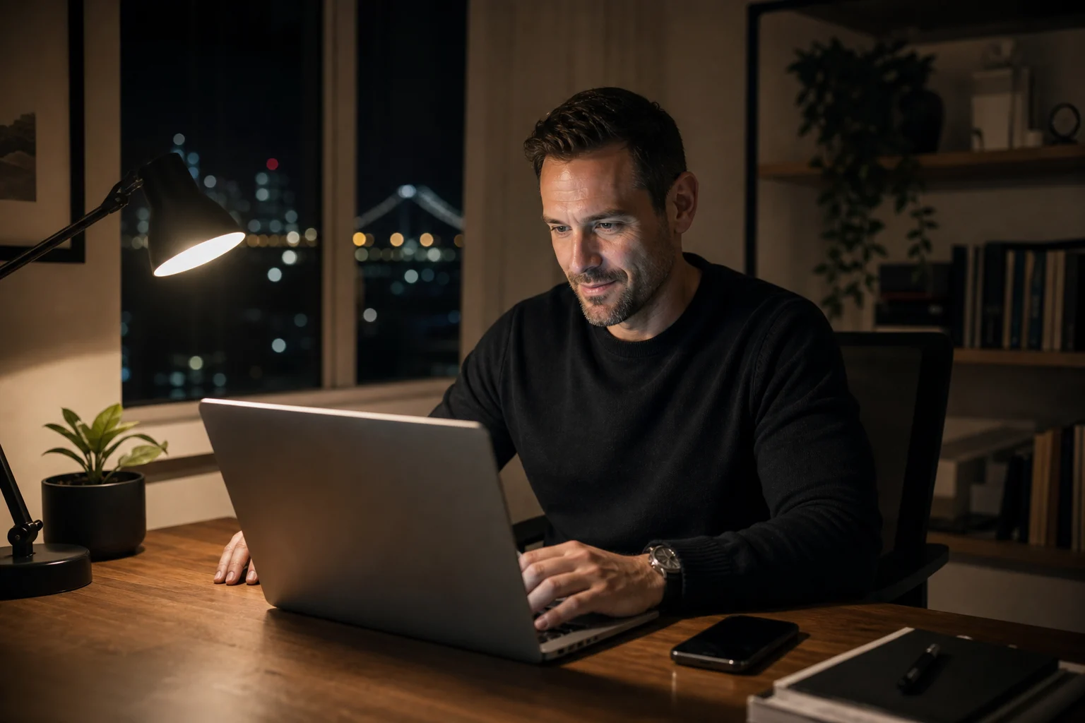 Business owner reviews an after-hours customer enquiry on a laptop