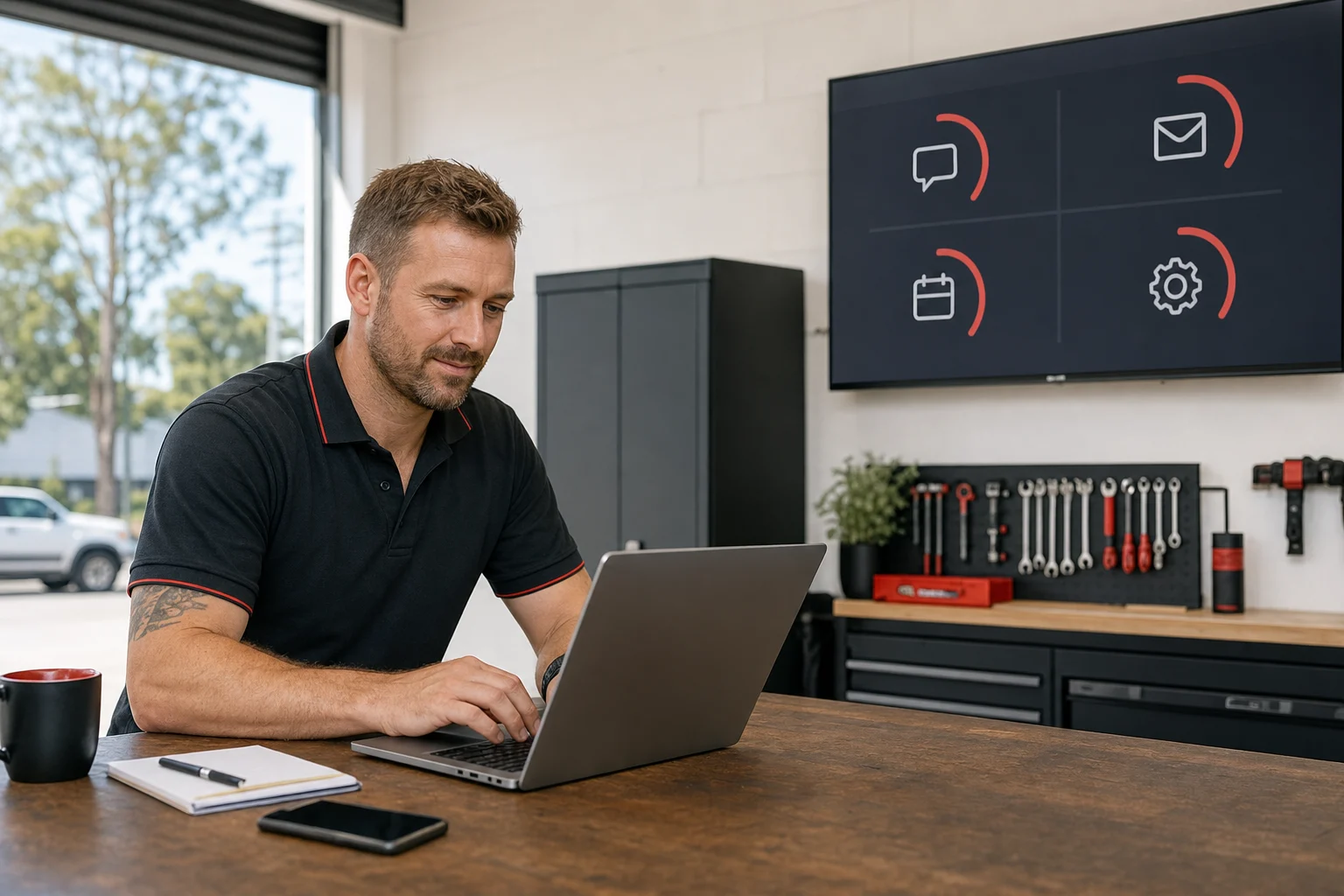 Trades business owner reviewing automated customer enquiries in a workshop