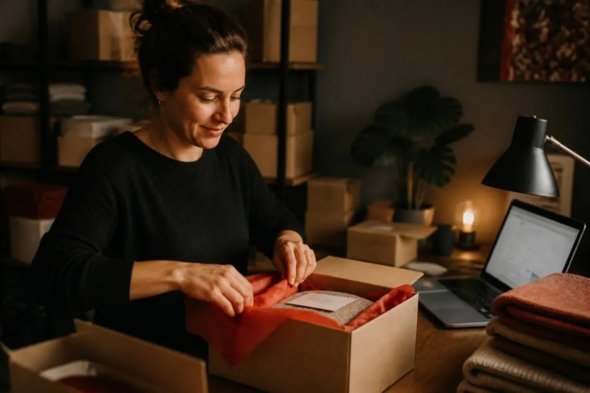 Online store owner packing customer orders