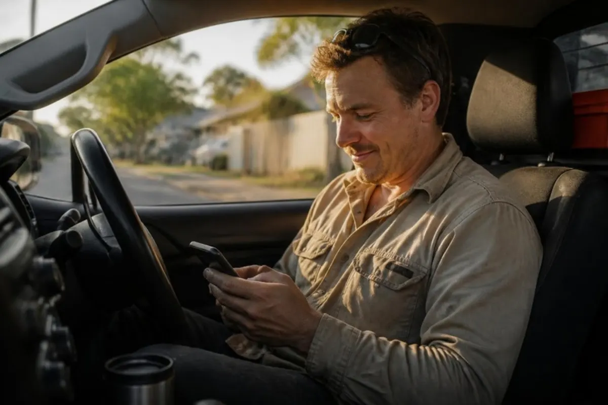 Tradesperson checking a new job enquiry on their phone