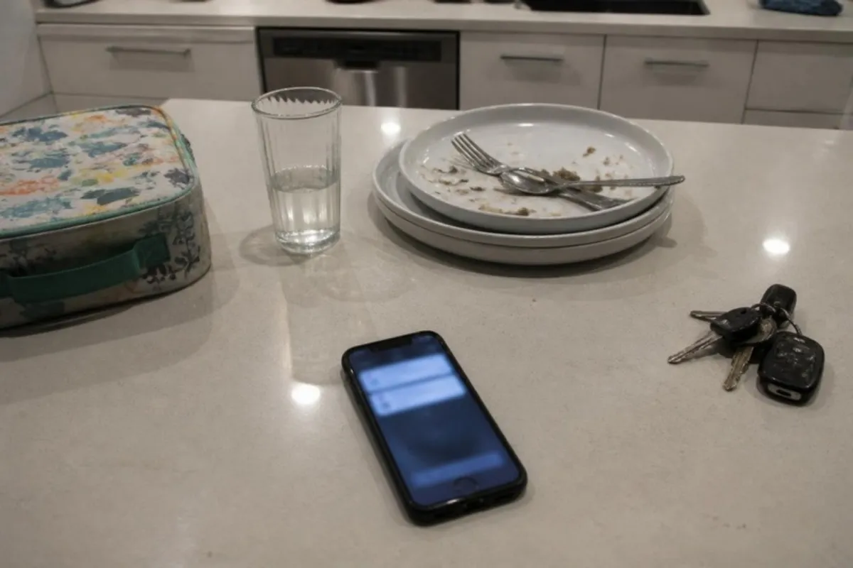 Phone showing a new message on a kitchen bench after dinner