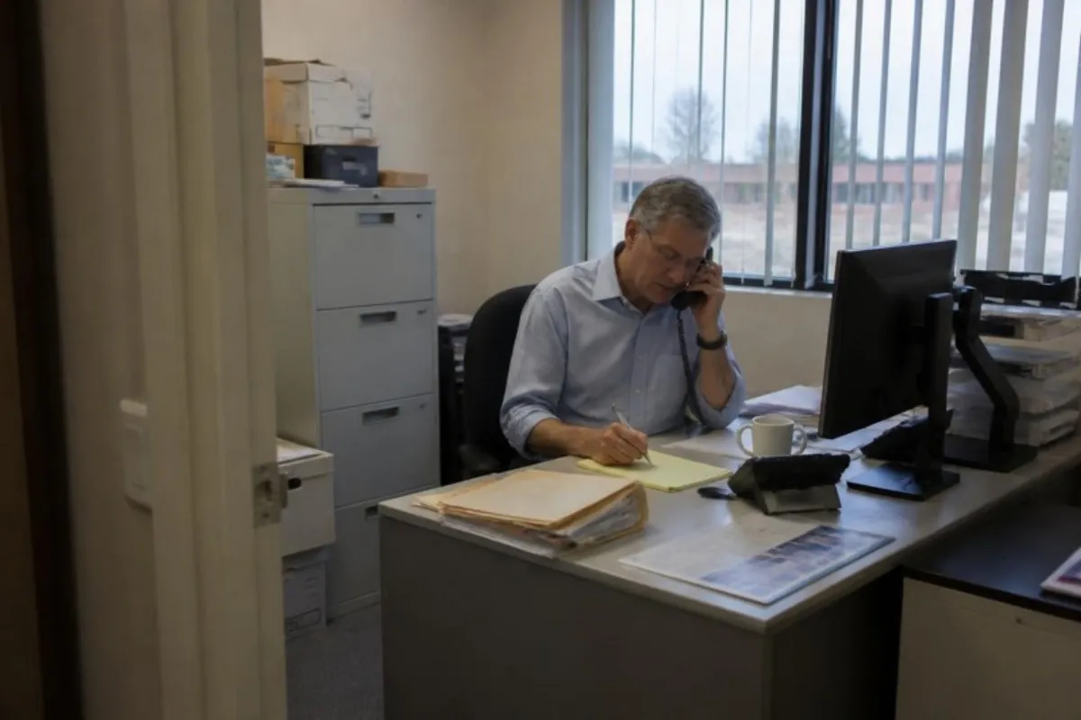 Solicitor taking notes on a phone call in a small practice office