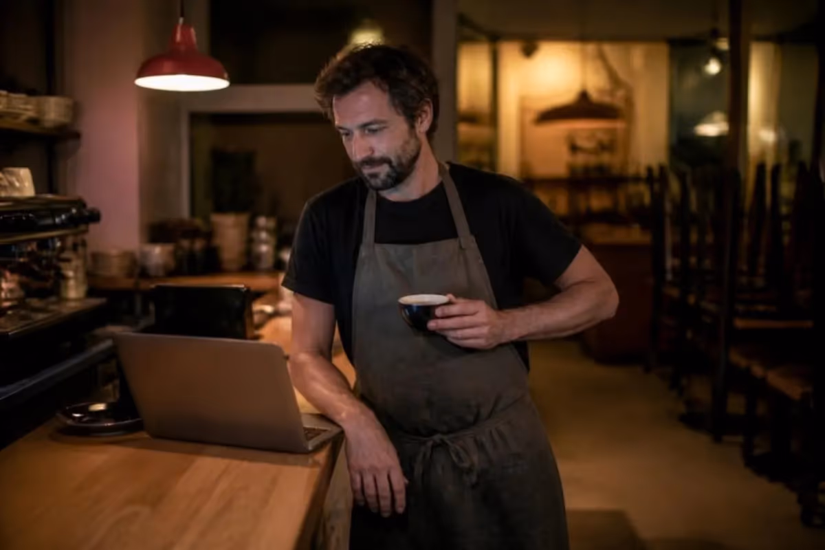 Local business owner checking enquiries on a laptop after closing