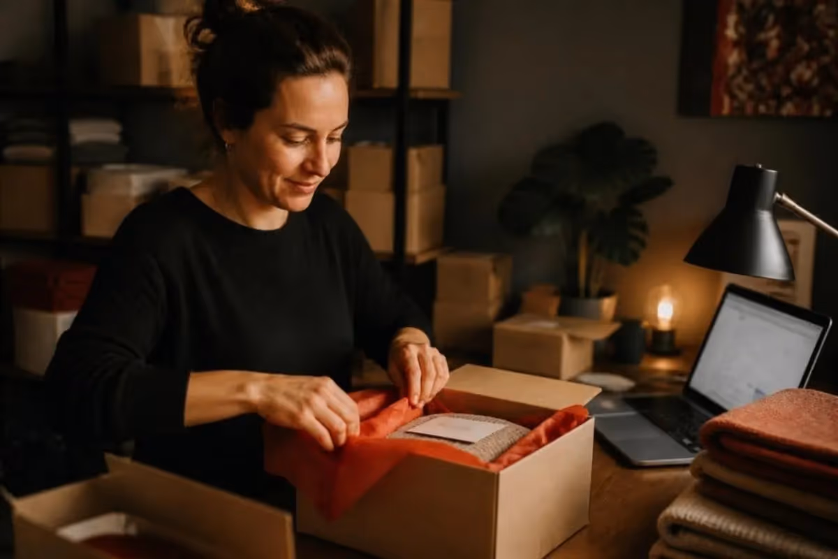Online store owner packing customer orders