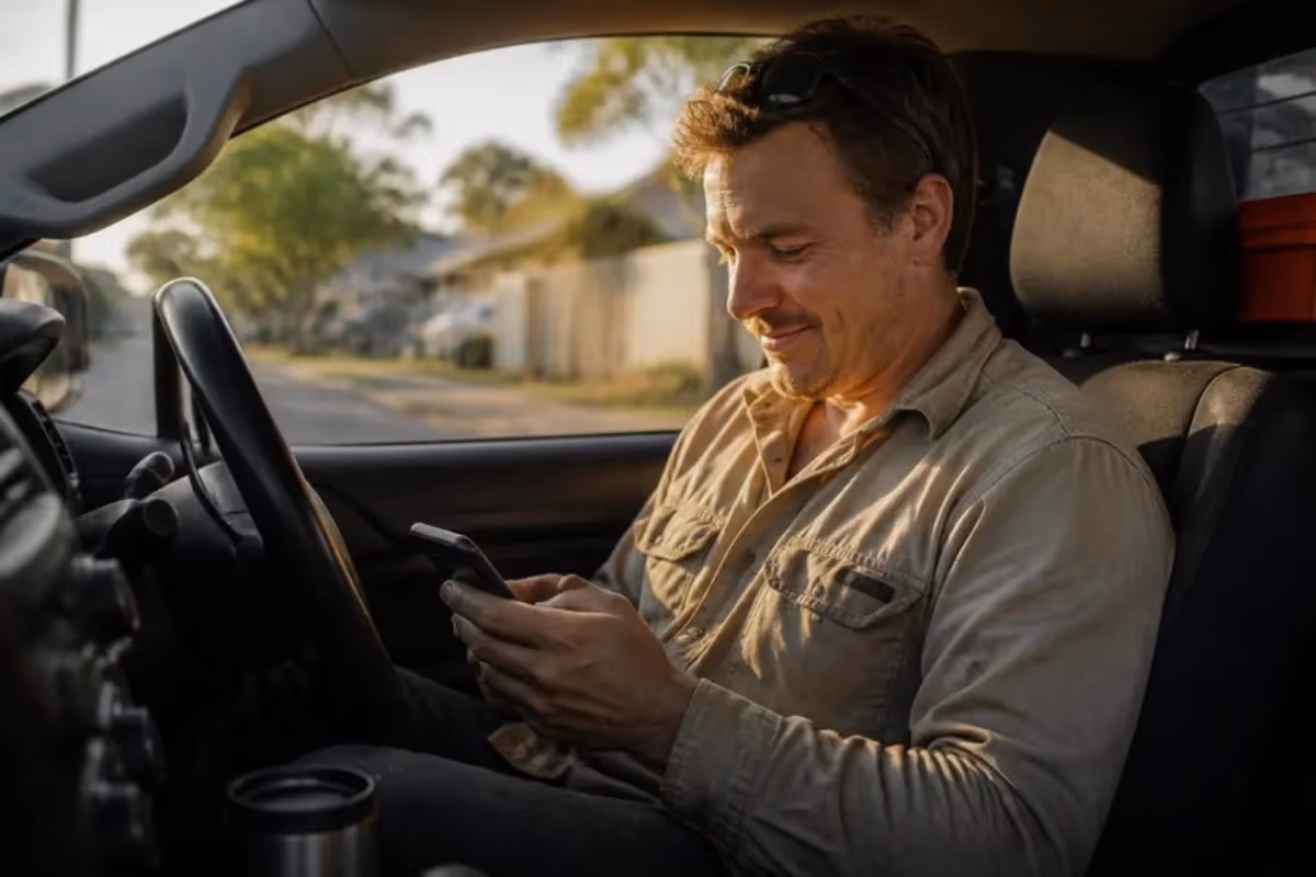 Tradesperson checking a new job enquiry on their phone